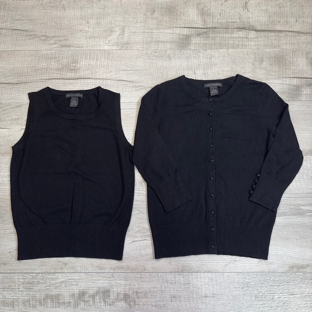 Grace Elements Black Tank & Sweater Lot WMNS Small 3/4 Sleeve Button Up Rayon